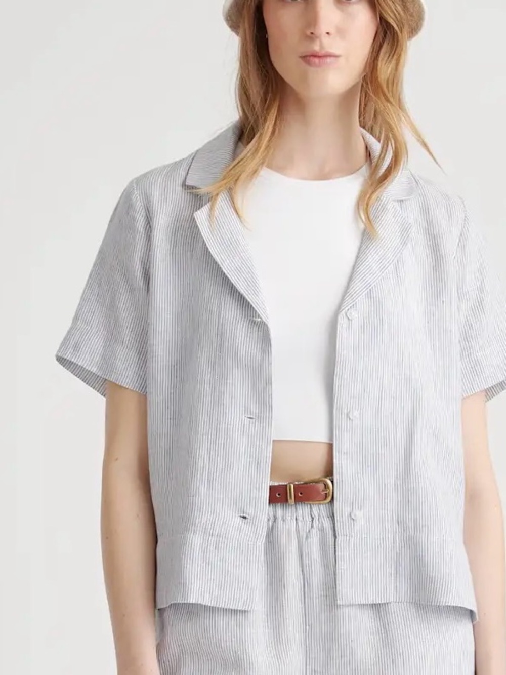 Quince Blue Pinstripe 100% European Linen Short Sleeve Shirt Women’s size S